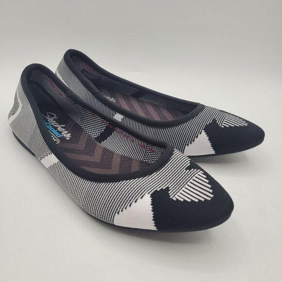 Skechers Cleo Wham Women's 8.5 Slip On Knit Memory Foam Ballet Flats Black White - Picture 1 of 11
